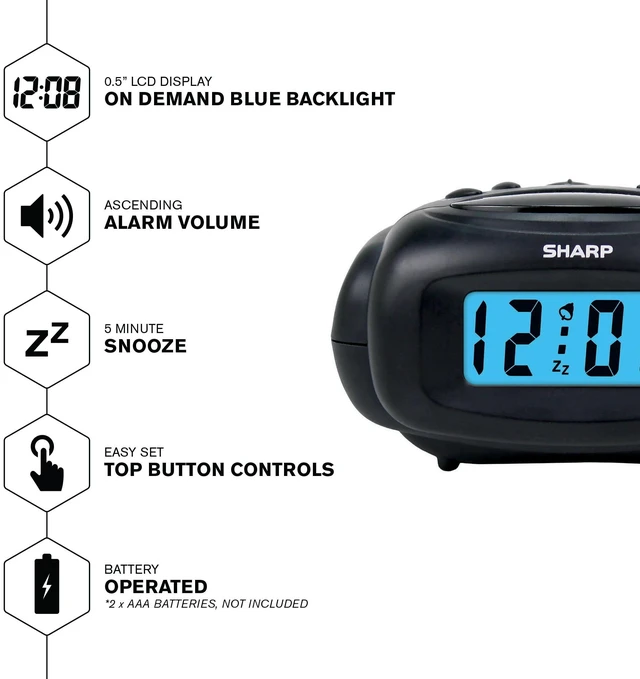 Alt view image 5 of 5 - SHARP Digital Alarm Clock, Black, LCD Display, Battery Operated, Travel Clock (Small)