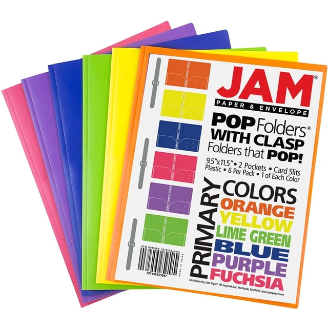Alt view image 5 of 6 - JAM Paper Plastic 2 Pocket School Prong Folders, 9.5 x 11.75, Assorted Primary Colors, 6/Pack