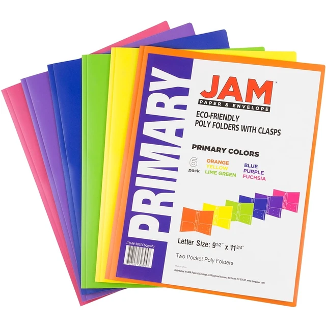 Alt view image 6 of 6 - JAM Paper Plastic 2 Pocket School Prong Folders, 9.5 x 11.75, Assorted Primary Colors, 6/Pack