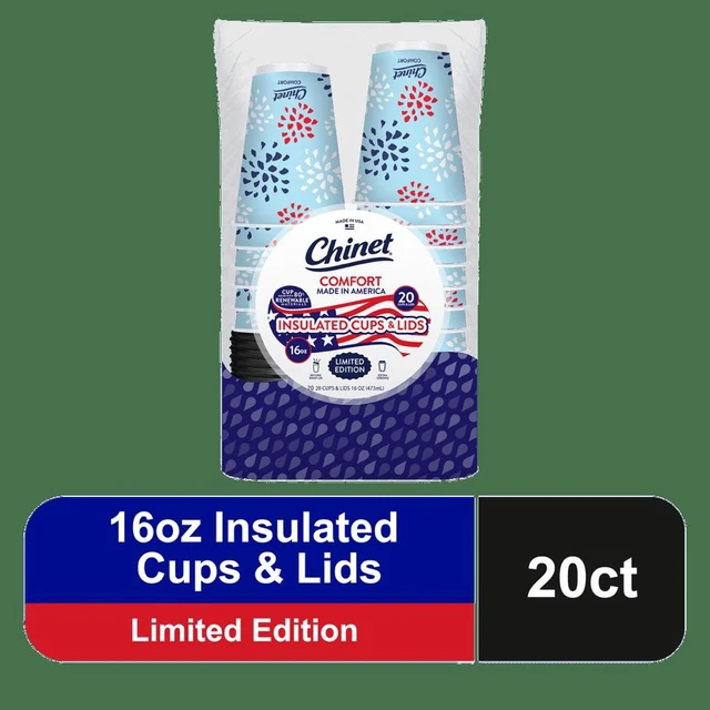 Main image of 16 oz, 20 Count Chinet Comfort Premium Disposable Paper Hot Cups with Lids, Patriotic
