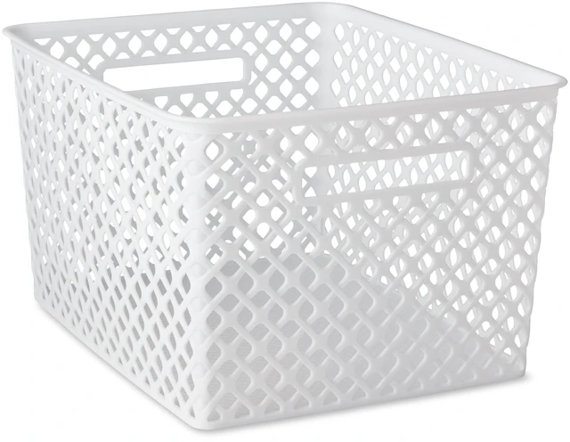 Main image of Mainstays Large White Decorative Plastic Storage Basket, 14.7in x 12in x 8.5in