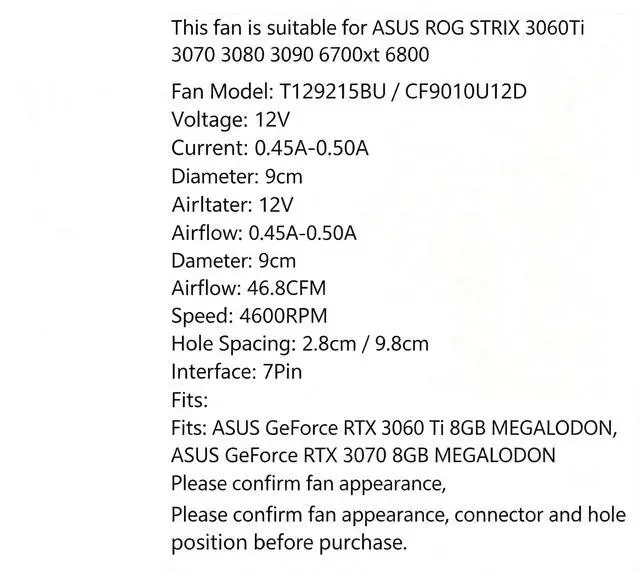 Alt view image 6 of 7 - 97mm GPU Cooling Fan T129215BU CF9010U12D, DC12V 7Pin PWM Video Card Cooler Replacement for ASUS ROG STRIX RTX 3060Ti,3070,3080,3090 RX 6700XT,6800 Graphics Card