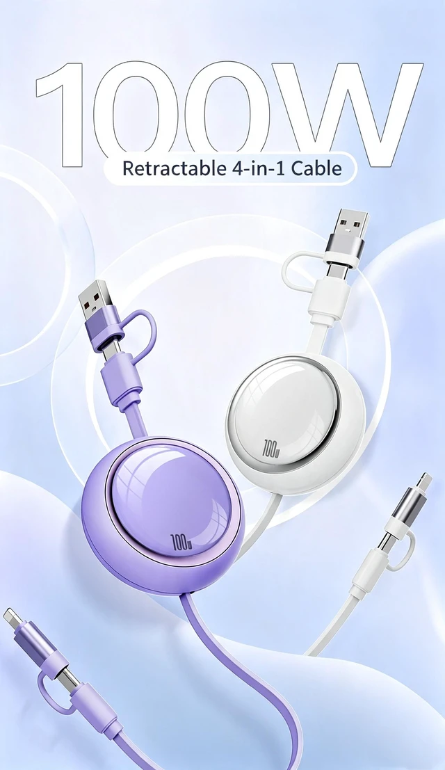 Alt view image 4 of 7 - AJMRTC 4 in 1 Retractable Charging Cable, 100W PD Fast Charger Cord USB A/USB C to Type C & Lightning, Portable Multi Charging Cable for iPhone, Android, Laptops, Car Travel