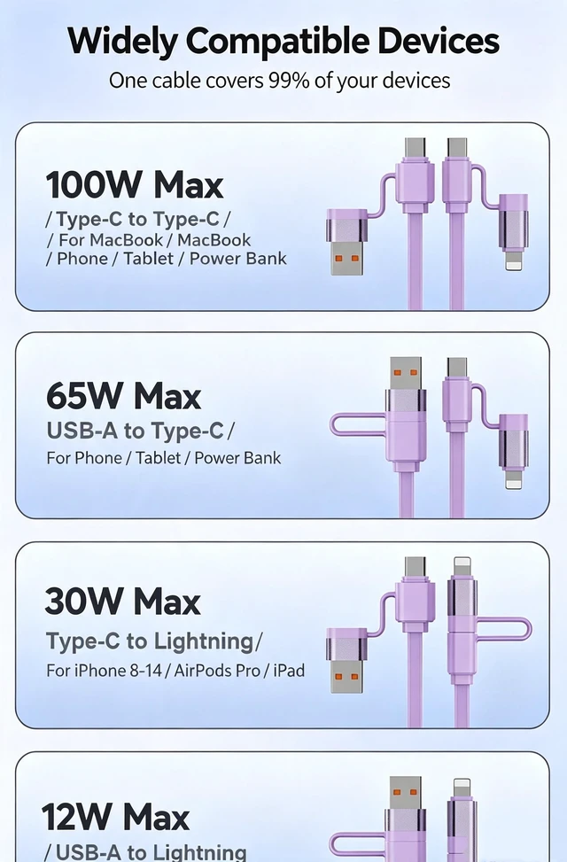 Alt view image 5 of 7 - AJMRTC 4 in 1 Retractable Charging Cable, 100W PD Fast Charger Cord USB A/USB C to Type C & Lightning, Portable Multi Charging Cable for iPhone, Android, Laptops, Car Travel