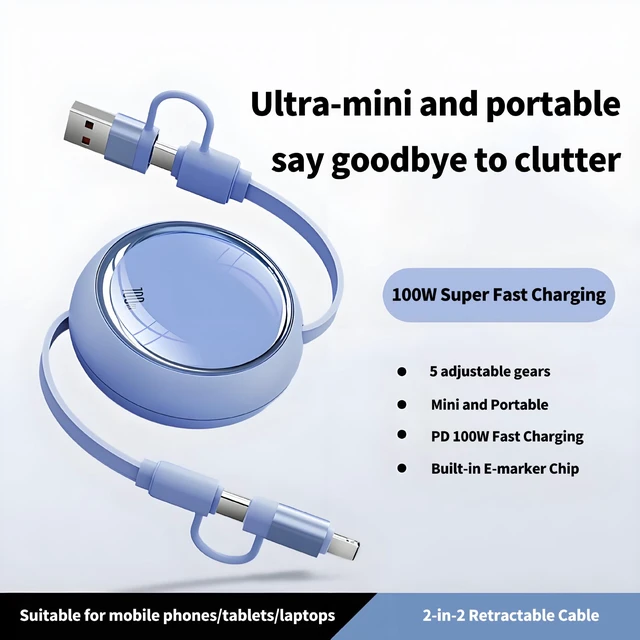 Alt view image 2 of 7 - AJMRTC 100W PD 4 in 1 Retractable Charging Cable, Interchangeable USB-A USB-C to Lightning Type-C Portable Travel Car Charger Cord for iPhone, MacBook, Android Laptops