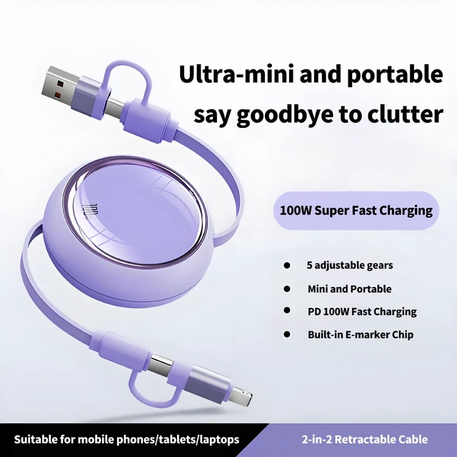 Alt view image 2 of 7 - AJMRTC 4 in 1 Retractable Charging Cable, 100W PD Fast Charger Cord USB A/USB C to Type C & Lightning, Portable Multi Charging Cable for iPhone, Android, Laptops, Car Travel