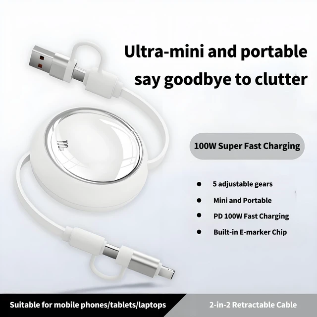 Alt view image 2 of 7 - AJMRTC 100W PD 4 in 1 Retractable Multi Charging Cable, Interchangeable USB-A USB-C to Lightning Type-C, Portable Travel Car Charger Cord for iPhone, MacBook, Android Laptops
