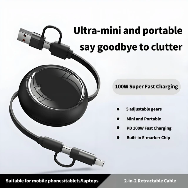 Alt view image 4 of 7 - AJMRTC 4 in 1 Retractable Charging Cable, 100W PD Fast Charging Cord, Interchangeable USB-A USB-C to Lightning Type-C, Portable Travel Car Charger Wire for iPhone, Samsung, MacBook, Android Laptops