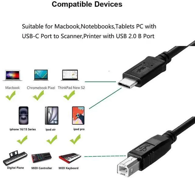 Alt view image 4 of 6 - 6.6FT USB-C to USB B Printer Cable, Type C Printer Scanner Cord Compatible with MacBook Pro Air M1, iMac Pro, for HP Canon Brother Epson Samsung Pantum
