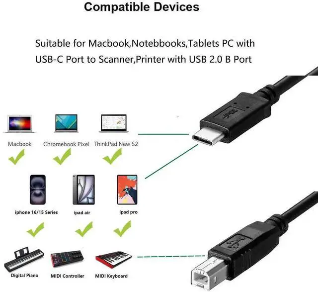 Main image of 1M USB-C to USB 2.0 Type B Printer Cable, High Speed Data Transfer Cord Compatible with MacBook Pro Air M1, iMac Pro, MIDI Keyboard, Scanner for HP Canon Brother Epson Samsung Pantum