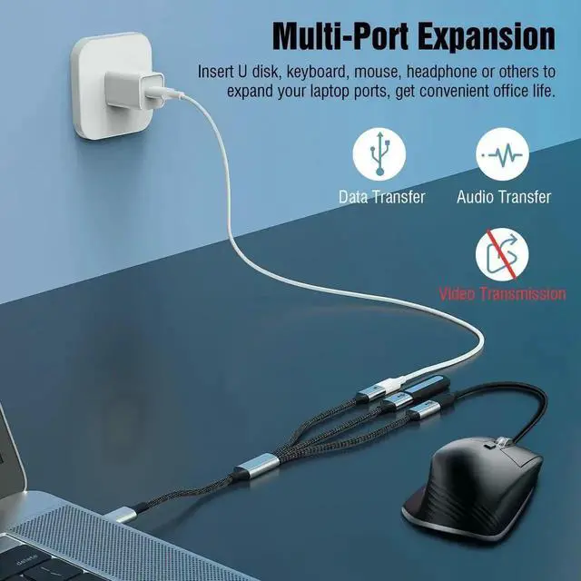 Alt view image 6 of 7 - 3-in-1 USB-C OTG Splitter Hub, Type-C Male to USB-A + Dual Type-C Adapter, PD Pass-Through Charging & Data Transfer, Compatible with Steam Deck, Android Phone, Flash Drive, Type-C Digital Headset