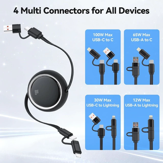 Alt view image 6 of 7 - AJMRTC 4 in 1 Retractable Charging Cable, 100W PD Fast Charging Cord, Interchangeable USB-A USB-C to Lightning Type-C, Portable Travel Car Charger Wire for iPhone, Samsung, MacBook, Android Laptops