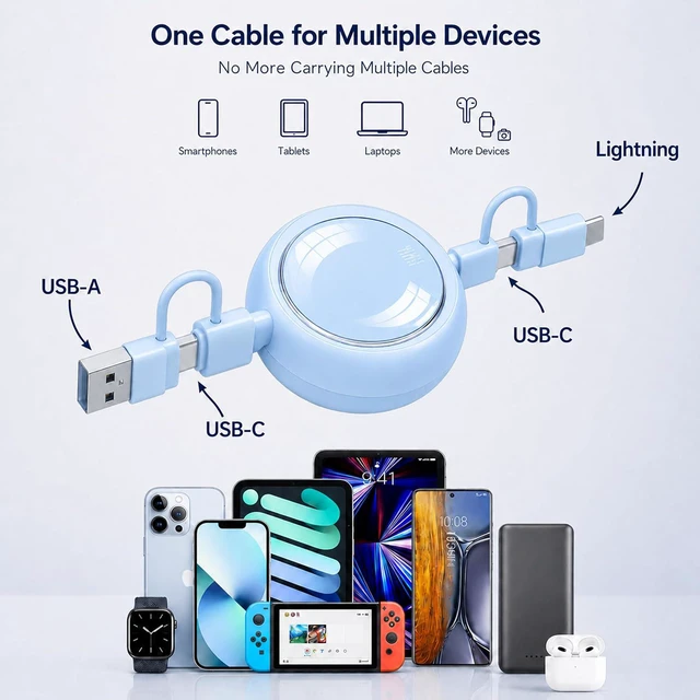 Alt view image 3 of 7 - AJMRTC 100W PD 4 in 1 Retractable Charging Cable, Interchangeable USB-A USB-C to Lightning Type-C Portable Travel Car Charger Cord for iPhone, MacBook, Android Laptops