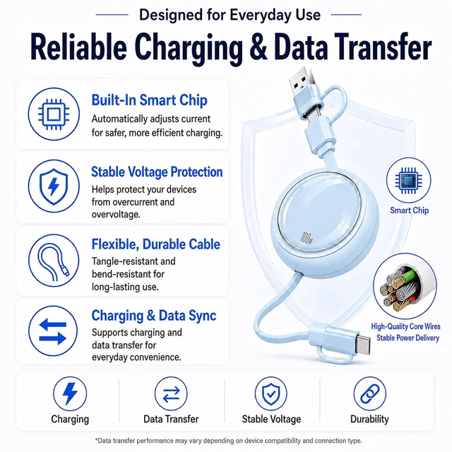 Alt view image 5 of 7 - AJMRTC 100W PD 4 in 1 Retractable Charging Cable, Interchangeable USB-A USB-C to Lightning Type-C Portable Travel Car Charger Cord for iPhone, MacBook, Android Laptops