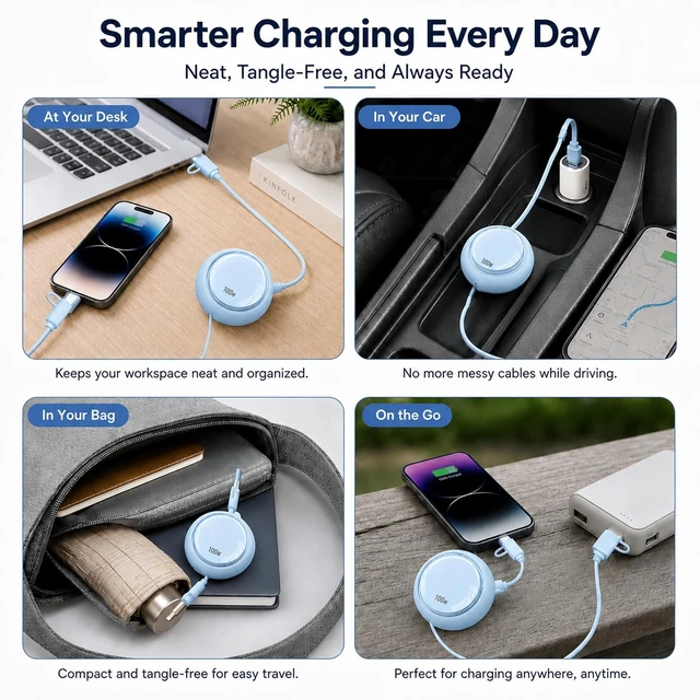 Alt view image 7 of 7 - AJMRTC 100W PD 4 in 1 Retractable Charging Cable, Interchangeable USB-A USB-C to Lightning Type-C Portable Travel Car Charger Cord for iPhone, MacBook, Android Laptops