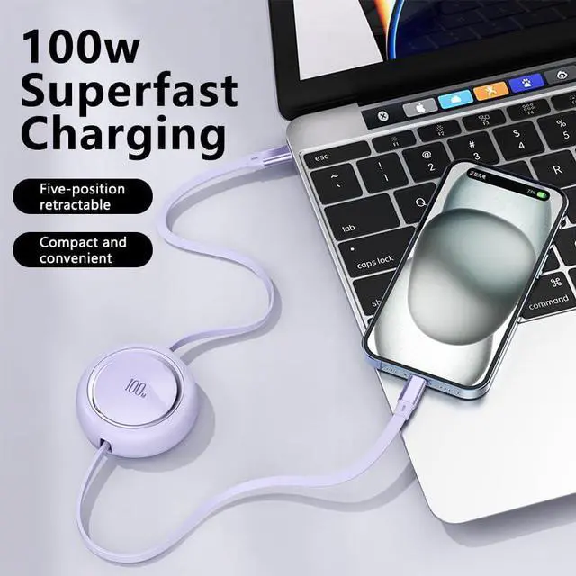 Alt view image 2 of 7 - AJMRTC 100W Retractable USB-C to USB-C Cable 3.3ft/100cm, 4 Adjustable Length Presets, Mini Portable Travel Type C Fast Charging Cord for iPhone 16/15 MacBook iPad Samsung Galaxy S24 S21 Note10, Purpl