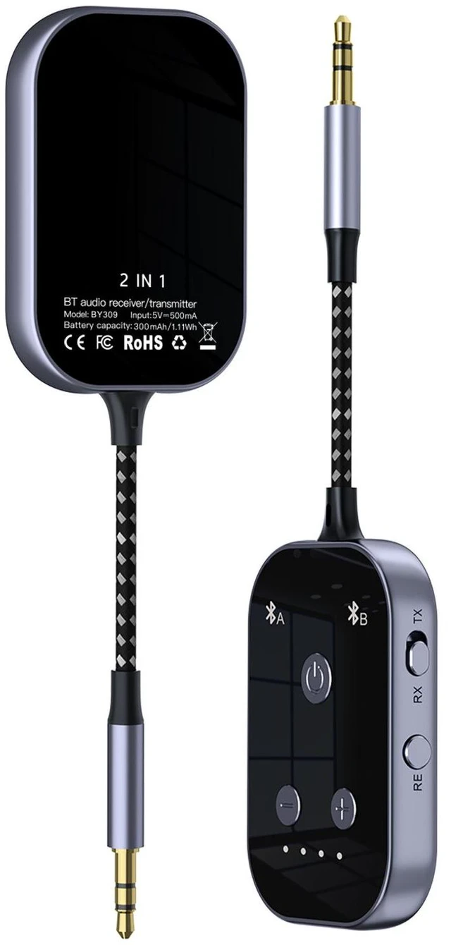 Main image of AJMRTC 2in1 Bluetooth 6.0 Transmitter Receiver, 3.5mm AUX TX/RX Wireless Audio Adapter,10M Range for Airplane Car TV Switch Headphones Speakers, Builtin 300mAh Battery