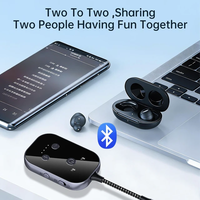 Alt view image 3 of 7 - AJMRTC 2in1 Bluetooth 6.0 Transmitter Receiver, 3.5mm AUX TX/RX Wireless Audio Adapter,10M Range for Airplane Car TV Switch Headphones Speakers, Builtin 300mAh Battery