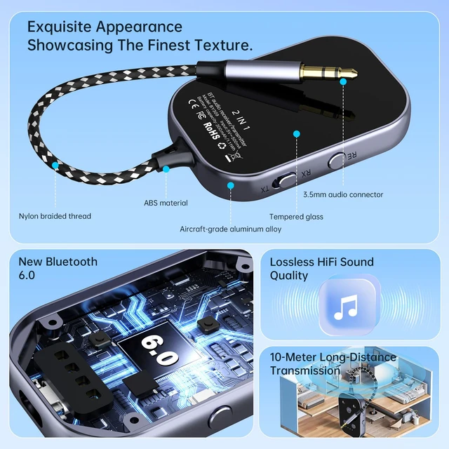 Alt view image 4 of 7 - AJMRTC 2in1 Bluetooth 6.0 Transmitter Receiver, 3.5mm AUX TX/RX Wireless Audio Adapter,10M Range for Airplane Car TV Switch Headphones Speakers, Builtin 300mAh Battery