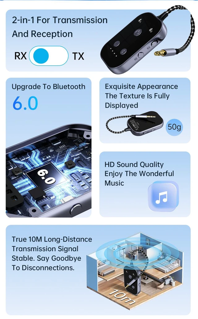 Alt view image 5 of 7 - AJMRTC 2in1 Bluetooth 6.0 Transmitter Receiver, 3.5mm AUX TX/RX Wireless Audio Adapter,10M Range for Airplane Car TV Switch Headphones Speakers, Builtin 300mAh Battery