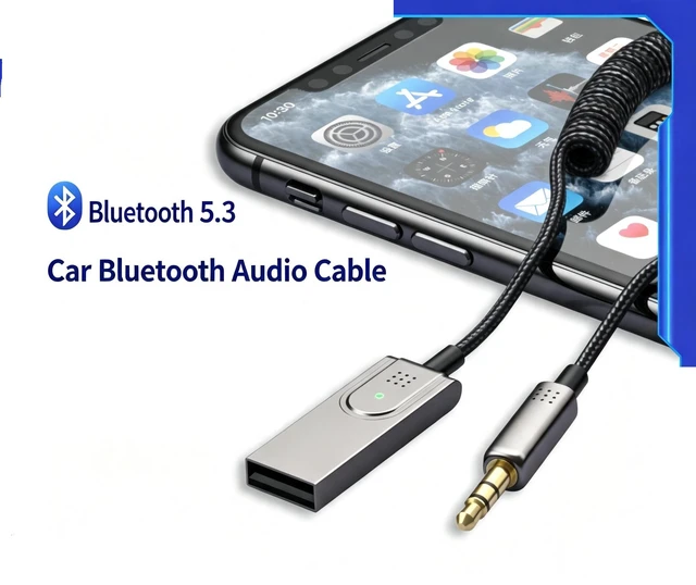 Alt view image 6 of 7 - AJMRTC Bluetooth 5.3 Car AUX Receiver, USB Powered Wireless Audio Adapter with Microphone for HandsFree Call, 50cm Coiled Braided Cord 10M Range Lossless Music for Car Stereo Phone Wired Speaker