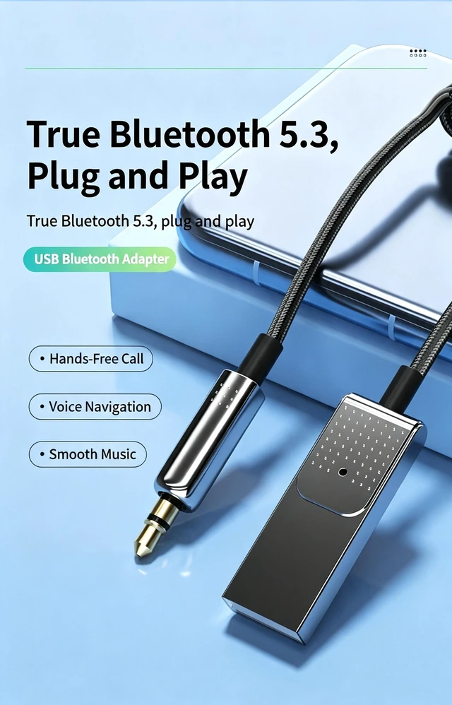 Alt view image 3 of 7 - AJMRTC Bluetooth 5.3 Car AUX Receiver, USB Powered Wireless Audio Adapter with Microphone for HandsFree Call, 50cm Coiled Braided Cord 10M Range Lossless Music for Car Stereo Phone Wired Speaker