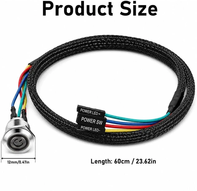 Main image of AJMRTC 12mm Metal PC Case Power Button Cable 60cm/23.62in, Braided Sleeved ATX Power Switch with LED Indicator, Desktop DIY Modified Host OnOff Switch Cord for Motherboard