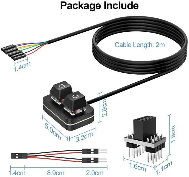 Main image of AJMRTC External PC Power Reset Switch 2M Cable, Acrylic Desktop OnOff Button Kit, ATX Motherboard Front Panel Header Adapter & Splitter Cords for Barebone Test Bench DIY Custom Computer