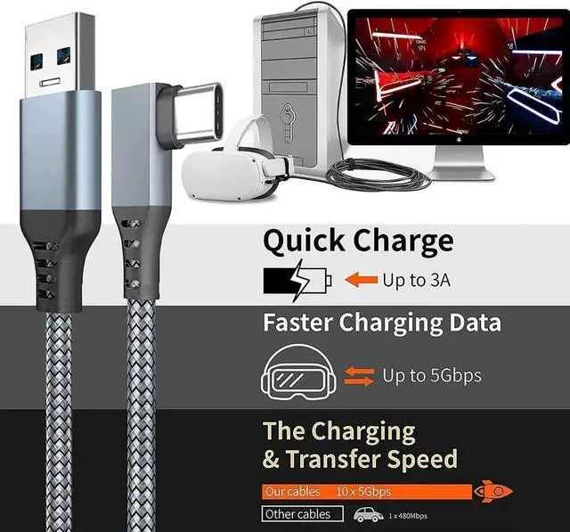 Alt view image 4 of 7 - VR Link Cable 10FT/3M Braided, USB3.2 AtoC 5Gbps HighSpeed Data Transfer Fast Charging Cord for Meta Quest 3/3S/2/1 VR Headset, PC Steam VR Gaming