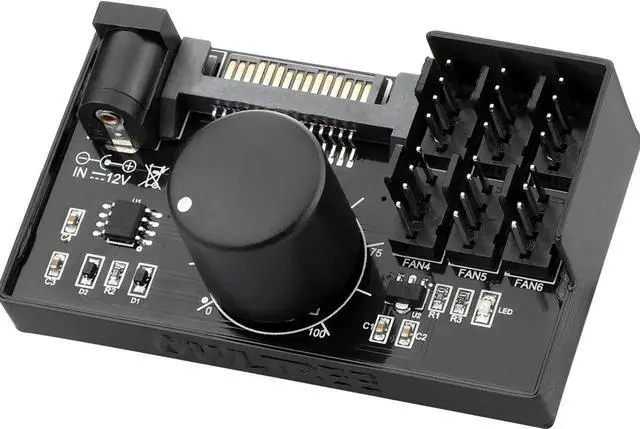 Main image of AJMRTC 6Port 4Pin PWM Fan Controller Hub, Manual Knob PC Fan Speed Regulator, SATA & DC 5525 Dual Power Input, 12V Max 5A 60W Output for Desktop PC Case Cooling Fans