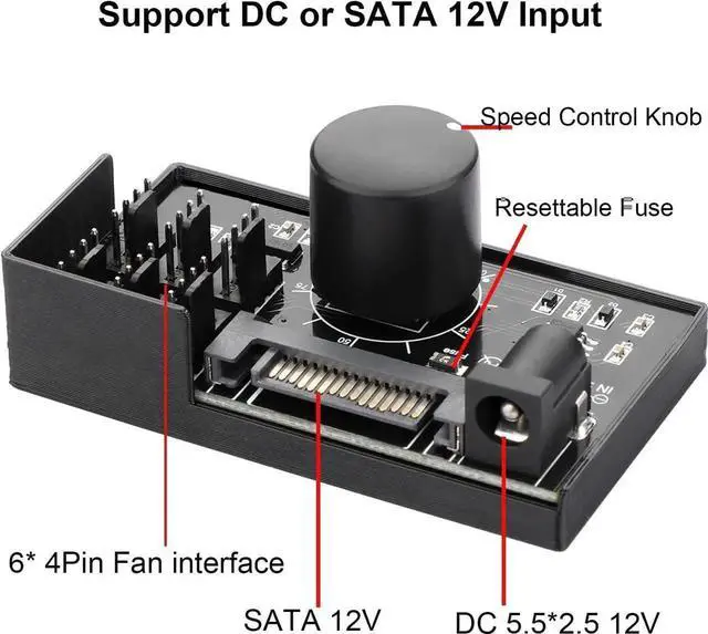 Alt view image 5 of 6 - AJMRTC 6Port 4Pin PWM Fan Controller Hub, Manual Knob PC Fan Speed Regulator, SATA & DC 5525 Dual Power Input, 12V Max 5A 60W Output for Desktop PC Case Cooling Fans