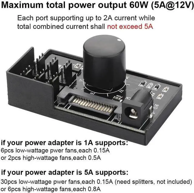 Alt view image 3 of 6 - AJMRTC 6Port 4Pin PWM Fan Controller Hub, Manual Knob PC Fan Speed Regulator, SATA & DC 5525 Dual Power Input, 12V Max 5A 60W Output for Desktop PC Case Cooling Fans