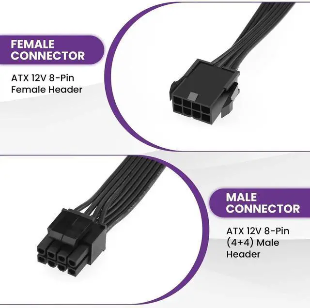 Alt view image 5 of 7 - 2 Pack EPS 8 Pin (4+4) CPU ATX Power Extension Cable, 11.8 Inch(30CM) Motherboard CPU 8Pin Male to Female Power Cord, ATX EPS 4+4 Pin Extension Wire for Desktop Motherboard CPU Power Supply