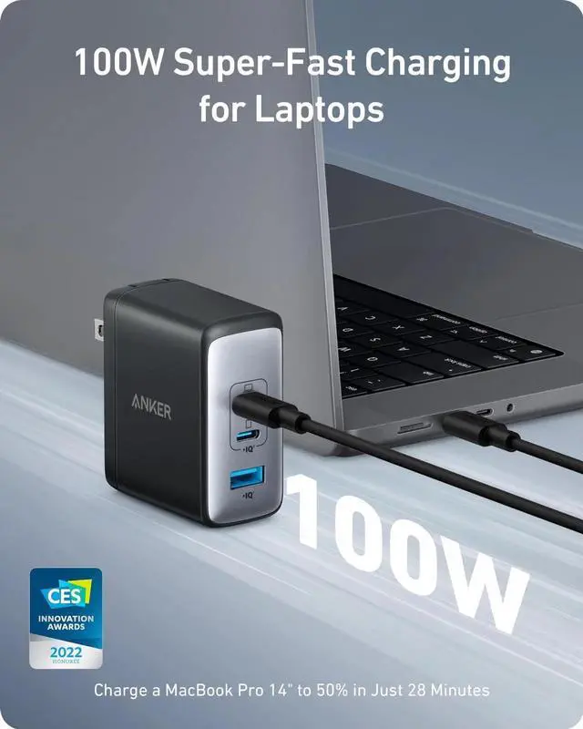Alt view image 2 of 7 - 100W GaN 3Port USB Charger Block, Foldable Plug Wall Charger(2 USBC +1 USBA), PD Fast Charging Kit with 1.5M 100W USBC to C Cable & Bonus 1M CC Cord for Laptop, Phone, Tablet