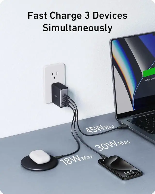 Alt view image 7 of 7 - 100W GaN 3Port USB Charger Block, Foldable Plug Wall Charger(2 USBC +1 USBA), PD Fast Charging Kit with 1.5M 100W USBC to C Cable & Bonus 1M CC Cord for Laptop, Phone, Tablet