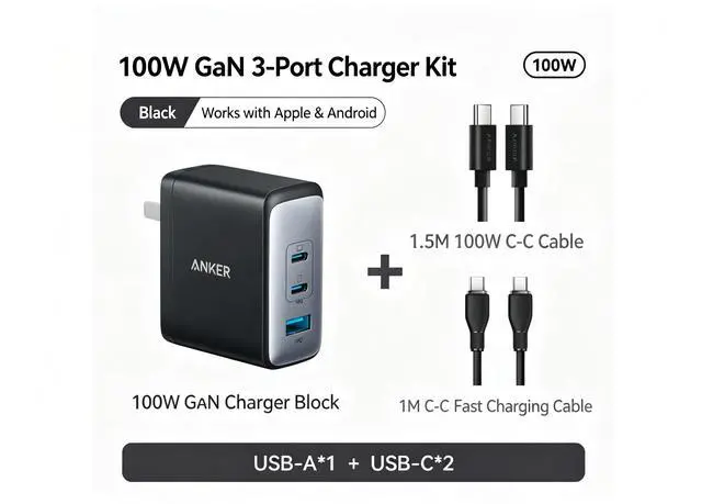 Main image of 100W GaN 3Port USB Charger Block, Foldable Plug Wall Charger(2 USBC +1 USBA), PD Fast Charging Kit with 1.5M 100W USBC to C Cable & Bonus 1M CC Cord for Laptop, Phone, Tablet