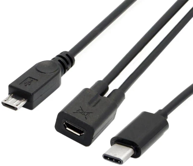 Main image of AJMRTC USBC to Micro USB Adapter Cable, 2Port Splitter Extension Cord, 28 AWG Wire Gauge, USB 3.1 Micro USB Male to Micro USB Female Black Cable for Charging and Data Sync MicroB Devices