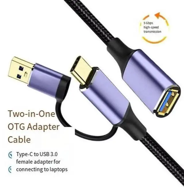 Alt view image 3 of 3 - AJMRTC 1M 2in1 USBC to USBA Female OTG Adapter Cable, USB 3.2 to USB 3.0 5Gbps HighSpeed Data Transfer Braided Extension Cord for Flash Drive, Mouse, Keyboard and USBC Devices
