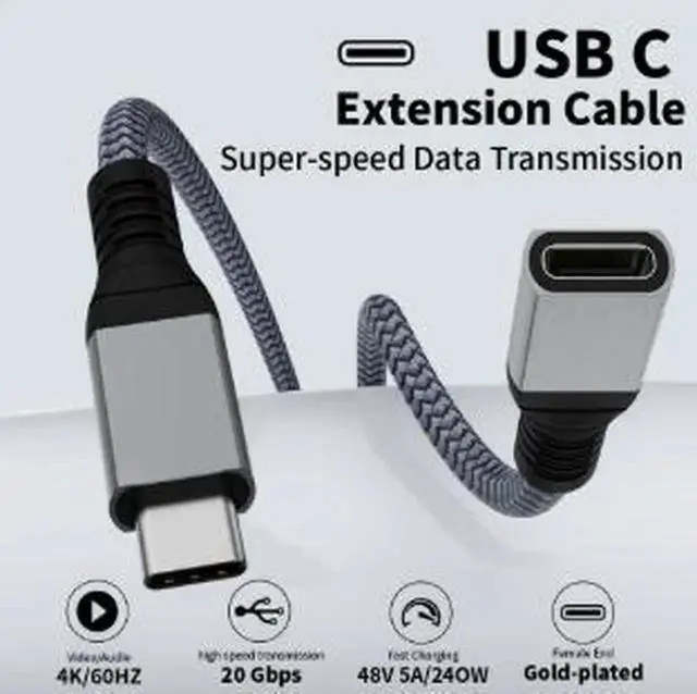 Alt view image 3 of 4 - AJMRTC 1M USBC Extension Cable, USBC Male to Female 20Gbps HighSpeed Data Cord, 240W PD Fast Charging, 4K@60Hz Video Extension for Docking Station, External SSD and USBC Laptops