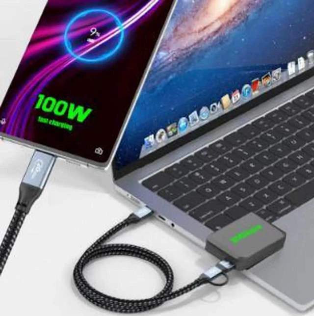 Alt view image 2 of 4 - AJMRTC 0.6M 2in1 USBC Braided Cable, USB 3.2 20Gbps High Speed Data Cord, 100W PD Fast Charging, 4K@60Hz Video Display Output for Laptop, Smartphone, Tablet, USBC Enabled Devices