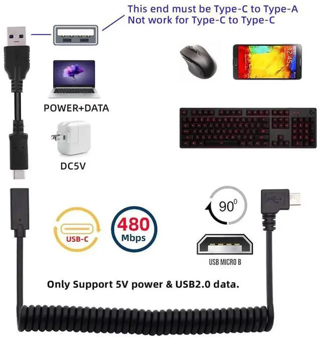 Alt view image 6 of 7 - AJMRTC Stretch Coiled USBC Extension Cable, Micro USB Male to TypeC Female Spring Cord, Power & Data Transfer for Gaming Keyboard, Mouse and Other Compatible Peripheral Devices