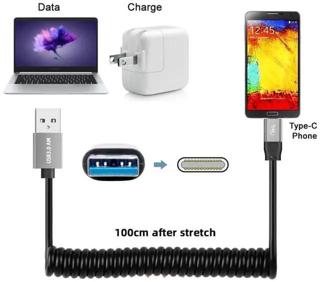 Alt view image 2 of 7 - AJMRTC 100cm Stretch Coiled USB3.0 Cable, TypeA Male to USBC Male Spring Cord, 5Gbps HighSpeed Data Transfer for External Disk, Smartphone, Digital Camera and USBC Compatible Devices