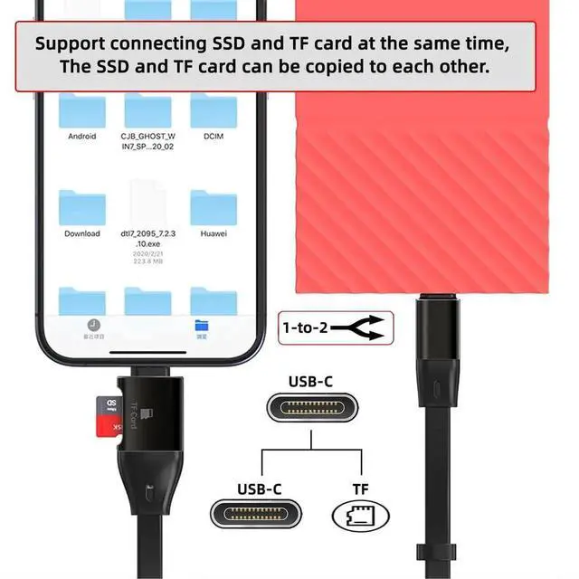 Alt view image 6 of 7 - AJMRTC Flat Slim FPC USBC Male to Male Cable, USB 3.1 10Gbps HighSpeed Data Cord with Builtin TF MicroSD Card Reader for Laptops, Smartphones and Other USBC Compatible Electronic Devices