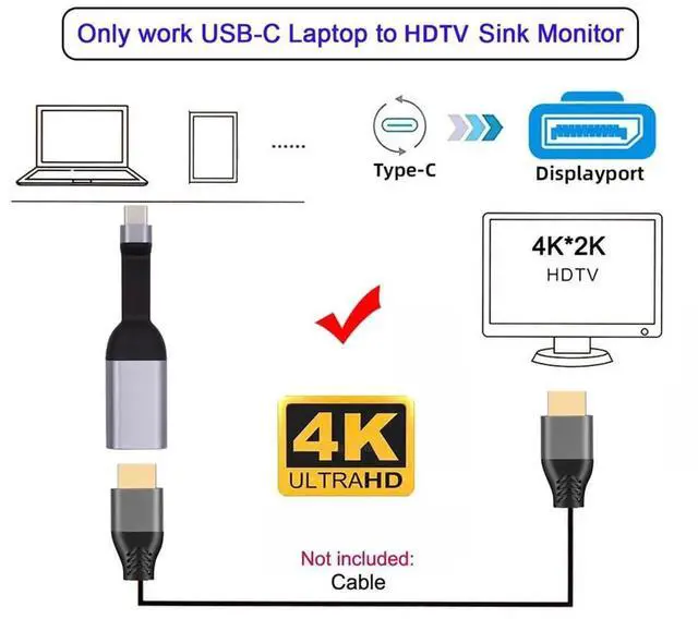 Alt view image 2 of 7 - AJMRTC Ultra Slim Flat USBC Source to DisplayPort Sink Adapter Cable, 4K@60Hz & 1080P Video Output, DP Alt Mode Audio Video Cord for Laptops, Tablets, Smartphones and DPEquipped HDTV Monitors