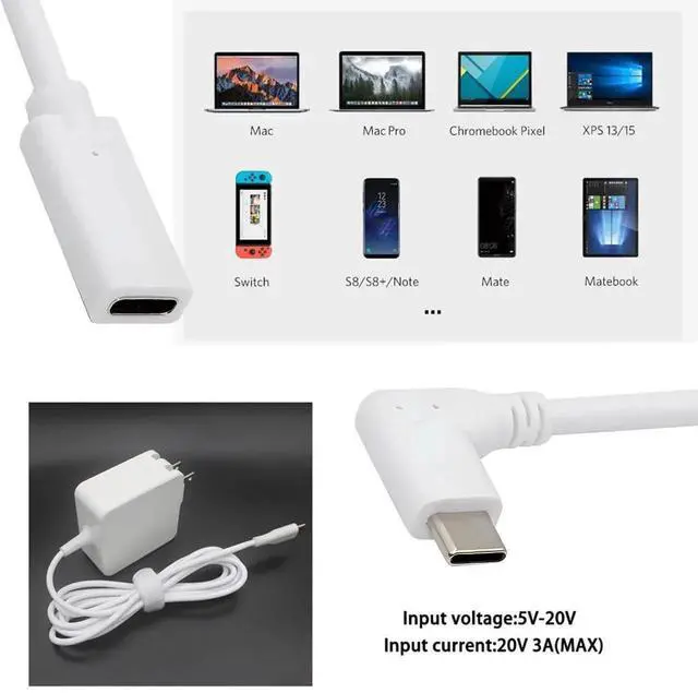 Alt view image 3 of 7 - AJMRTC White 90 Degree LeftRight Angled USBC Male to Female Extension Cable, USB 2.0 65W Fast Charging Power Cord, TypeC Extension Adapter Cable for Laptops, Tablets, Smartphones, USBC Peripherals