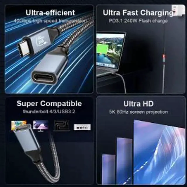 Alt view image 2 of 4 - AJMRTC 0.3M USB4 TypeC Extension Cable, USBC Male to Female Extender Cord, 40Gbps HighSpeed Data Transfer, 240W PD Fast Charging, 5K@60Hz Video Output for Laptops, Docking Stations, USBC Periphera
