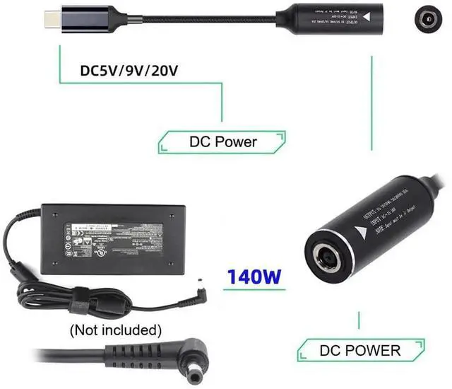 Alt view image 2 of 7 - AJMRTC DC Jack 5.5×2.5mm Input to USBC Power Charging Cable, 140W PD Power Cord, Supports 5V 9V 20V Output Voltage, Convert DC Barrel Power to USBC for Laptops, Smartphones and USBC PD Devices