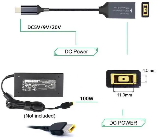 Alt view image 7 of 7 - AJMRTC ThinkPad Rectangle SlimTip Jack Input to USBC Power Charging Cable, 100W PD Power Cord, Supports 5V 9V 20V Output Voltage, Convert ThinkPad Square Power Port to USBC for Laptops, Smartphones