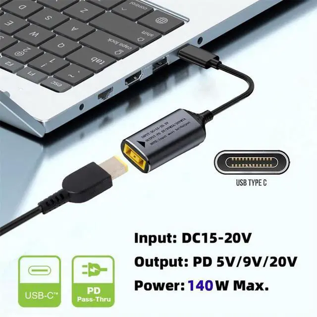 Alt view image 3 of 7 - AJMRTC ThinkPad Rectangle SlimTip Jack Input to USBC Power Charging Cable, 140W PD Power Cord, Supports 5V 9V 20V Output Voltage, Convert ThinkPad Square Power Port to USBC for Laptops, Smartphones