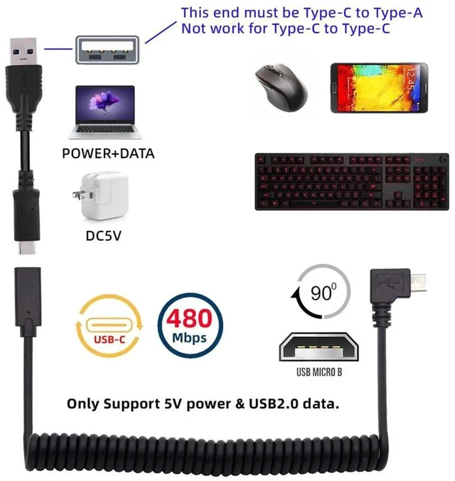 Alt view image 6 of 7 - AJMRTC Stretch Coiled Micro USB Male to USBC Female Extension Cable, Power & Data Transfer Spring Cord for Gaming Keyboard Mouse, Convert Micro USB Port to TypeC Interface for Peripherals